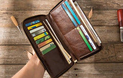 Cool Leather Mens Coffee Long Zipper Clutch Wallet Long Wallet for Men