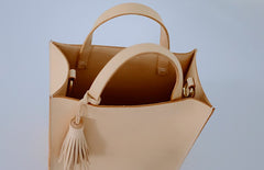 Handmade Leather Small Beige Womens Tote Shoulder Bag Handbag Purse Tassels for Women