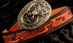 Handmade Leather Tooled Chinese Dragon Mens Belt Custom Cool Leather Men Belts for Men