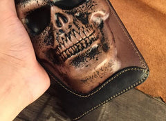 Handmade Genuine Leather Mens Clutch Cool Long Wallet Skull Zipper Clutch Wristlet Wallet for Men