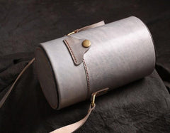 Handmade Gray Leather Mens Barrel Bag Shoulder Bag Messenger Bag for Men