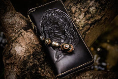 Handmade Leather Acalanatha Mens Tooled Chain Biker Wallet Cool Leather Wallet Long Clutch Wallets for Men