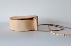 Cute Leather Beige Womens Small Round Saddle Crossbody Purse Shoulder Bag for Women