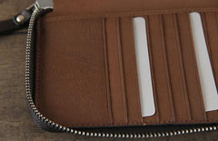 Handmade Genuine Leather Mens Cool Long Leather Wallet Zipper Clutch Wristlet Wallet for Men