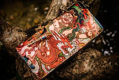 Handmade Leather Tooled White Jambhala Mens Chain Biker Wallet Cool Leather Wallet Zipper Long Phone Wallets for Men