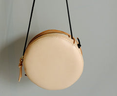 Cute Leather Beige Womens Small Round Crossbody Purse Circle Shoulder Bag for Women