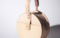 Handmade Womens Beige Leather Circle Handbag Round Purse Crossbody Bag for Women