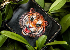 Handmade Leather Tiger Tooled Mens billfold Wallet Cool Clutch Wristlet Bag Chain Wallet Biker Wallet for Men