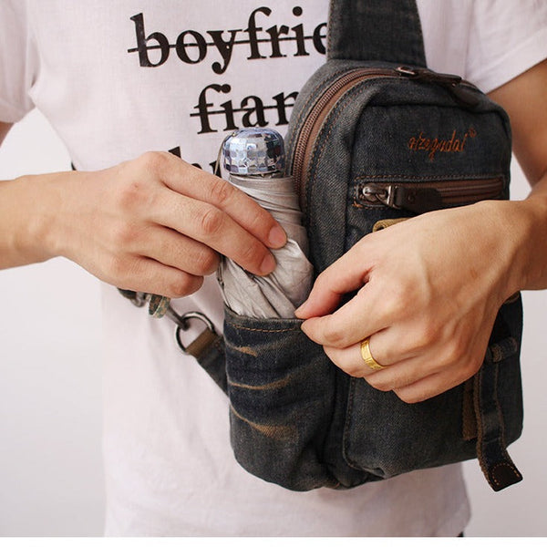 Vintage Blue Denim Mens Sling Bags Chest - Back View
