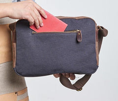 Mens Leather Canvas Gray Cool Messenger Bag Side Bag Shoulder Bag for Men