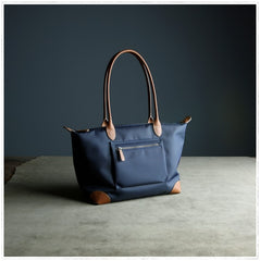 Womens Navy&Brown Nylon Shoulder Tote Medium Dark Blue Nylon&Brown Handbag Purse for Ladies