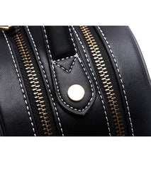 Handmade Womens Black Cat Leather Round Handbag Purse Round Crossbody Bag for Women
