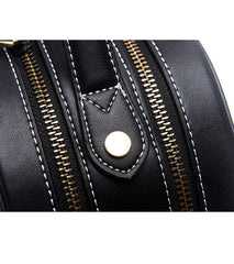 Handmade Womens Brown Leather Round Handbag Purse Cat Round Crossbody Bag for Women