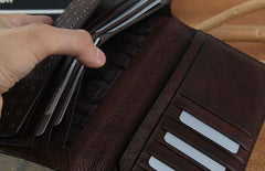 Genuine Leather Mens Cool Long Leather Wallet Zipper Clutch Wristlet Wallet for Men
