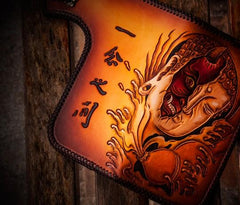 Handmade Leather Tooled Buddha&Demon Mens Chain Long Biker Wallet Cool Leather Wallet With Chain Wallets for Men