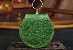 Handmade makeup leather round change coin wallet flowral leather billfold wallet for men women