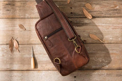 Coffee Leather Mens Sling Bag Sling Shoulder Bag Sling Chest Bag for men