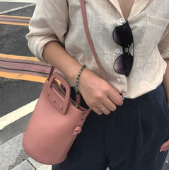 Cute Leather Pink Womens Mini Bucket Purse Handbag Barrel Shoulder Bag for Women