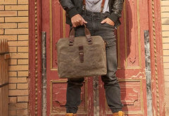 Mens Gray Canvas Briefcase Handbag Work Bag Business Bag for Men