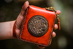 Handmade Leather Small Tibetan Tooled Mens billfold Wallets Cool Chain Wallet Biker Wallet for Men