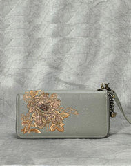 Peony Embroidery Green Leather Peony Wristlet Wallet Womens Zip Around Wallets Flowers Peony Ladies Zipper Clutch Wallet for Women
