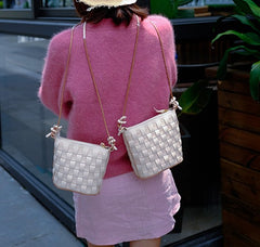 Cute Leather Beige Braided Womens Small Crossbody Purse Mini Shoulder Bag for Women