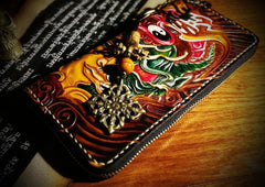 Handmade Leather Mens Tooled Buddha&Demon Chain Biker Wallet Cool Leather Wallet Long Clutch Wallets for Men