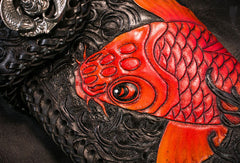 Handmade Leather Long Black Biker Wallet Trucker Wallet Leather Chain Men Red Carp Tooled Wallet - EverHandmade