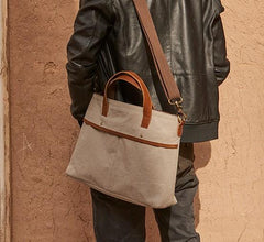 Mens Gray Canvas 14inch Briefcase Handbag Work Bag Business Bag for Men