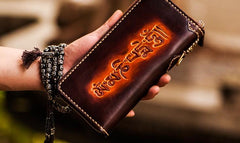 Handmade Leather Mens Tooled Eagle Chain Biker Wallet Cool Leather Wallets Long Wallets for Men