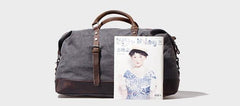 Gray Mens Leather Canvas Large Weekender Bag Canvas Travel Bag for Men