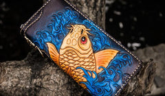 Handmade Leather Men Tooled Carp Cool Biker Leather Wallets Long Chain Wallets for Men