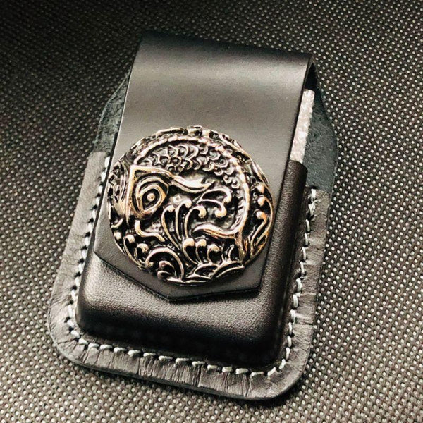 Black Handmade Leather Mens Cap Fish Zippo - Back View