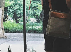 Mens Canvas Leather Square Side Bag Messenger Bag Canvas Shoulder Bag for Men