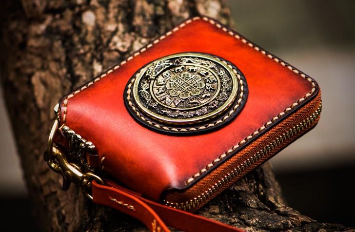 Handmade Leather Tibetan Tooled Mens billfold Wallet Cool Chain Wallet