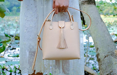 Handmade Leather Beige Womens Handbag Shoulder Bag Crossbody Purse Tassels for Women