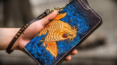 Handmade Leather Men Tooled Carp Cool Biker Leather Wallets Long Chain Wallets for Men