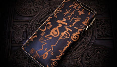 Handmade Leather Mens Chain Chinese Handwriting Biker Wallets Cool Leather Wallet Long Phone Wallets for Men