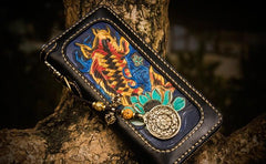 Handmade Leather Tooled Carp Mens Chain Biker Wallet Cool Leather Wallets Long Wallets for Men