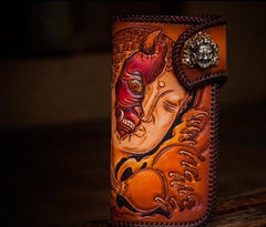Handmade Leather Tooled Buddha&Demon Mens Chain Long Biker Wallet Cool Leather Wallet With Chain Wallets for Men