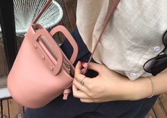 Cute Leather Pink Womens Mini Bucket Purse Handbag Barrel Shoulder Bag for Women