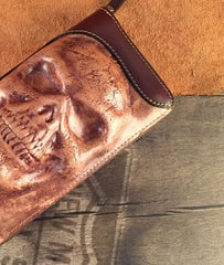 Handmade Genuine Leather Mens Clutch Cool Long Wallet Skull Zipper Clutch Wristlet Wallet for Men