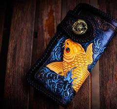 Handmade Leather Carp Tooled Long Mens Chain Biker Wallets Cool Leather Wallet With Chain Wallets for Men