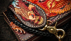 Handmade Leather Tooled Carp Mens Chain Biker Wallets Cool Leather Wallet Long Wallets for Men