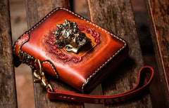 Handmade Leather Tibetan Mens billfold Wallets Cool Chain Wallet Small Biker Wallet for Men