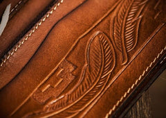 Handmade Leather Tooled Skull Indian Chief Biker Wallets Mens Cool billfold Chain Wallet Trucker Wallet with Chain
