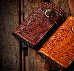 Handmade Leather Skull Indian Chief Tooled Mens billfold Wallet Cool Chain Wallet Biker Wallet for Men