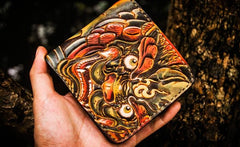 Handmade Leather Chinese Lion Tooled Mens Small Wallet Cool Leather Wallet billfold Wallet for Men