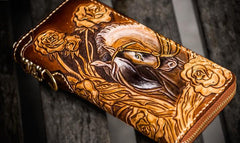 Handmade Leather Tooled Horse Mens Chain Biker Wallet Cool Leather Wallet Long Phone Wallets for Men