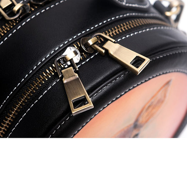 Handmade Womens Black Leather Round Handbag Purse - Open View